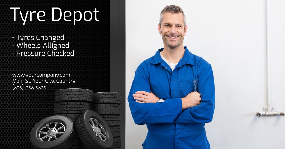 Confident Mechanic with Stack of Tires for Auto Repair Promotion