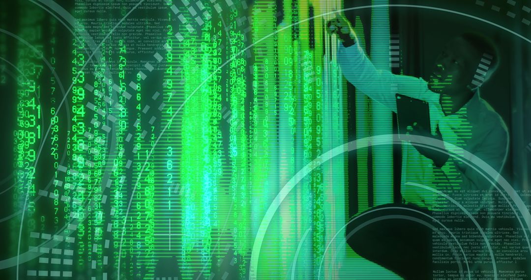 African American IT Technician with Binary Code and Digital Technology