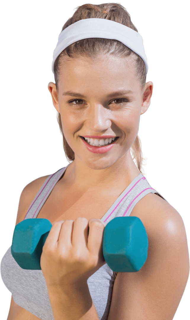 Smiling Fitness Woman Lifting Dumbbells on Transparent Background