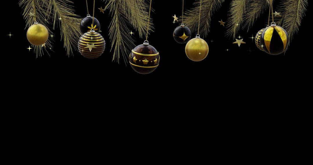 Elegant Black and Gold Christmas Baubles with Stars on Black Background - Free Images, Stock Photos and Pictures on Pikwizard.com