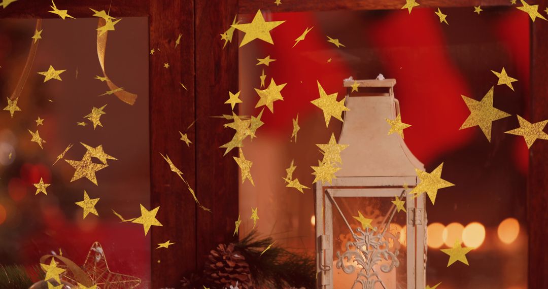 Christmas Window with Golden Stars and Antique Lantern