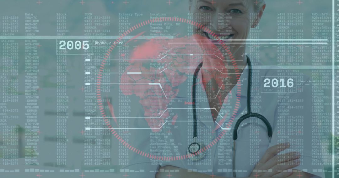 Senior Doctor Interacting with Futuristic Holographic World Map