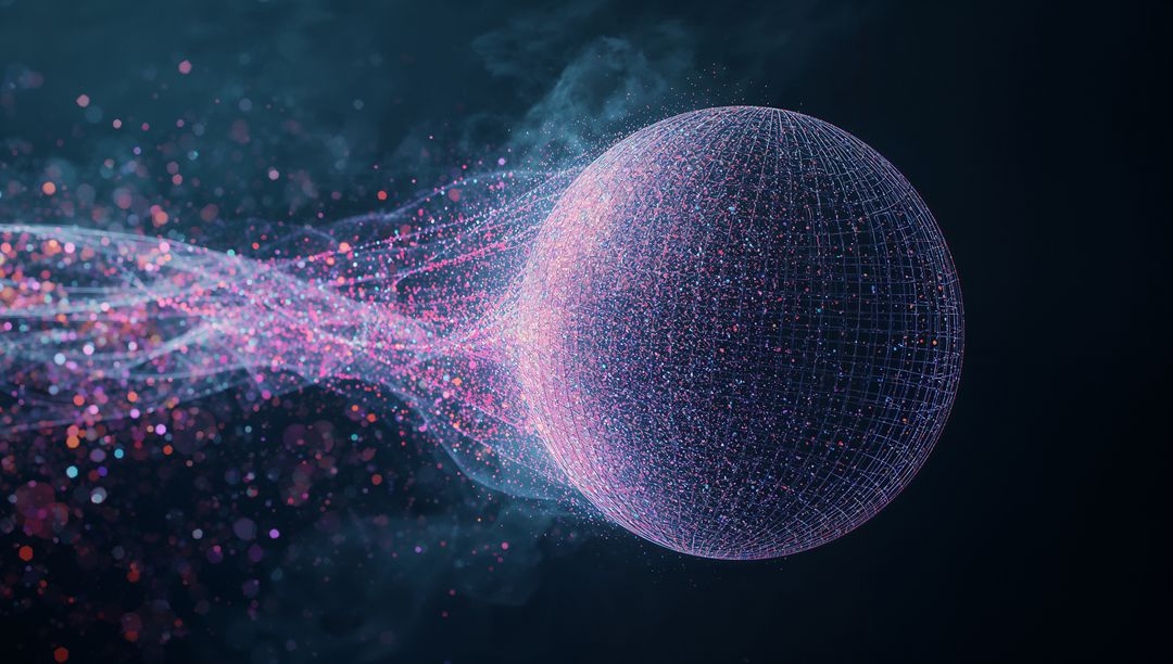 Glowing Wireframe Sphere with Neon Light Streams in Dark Space