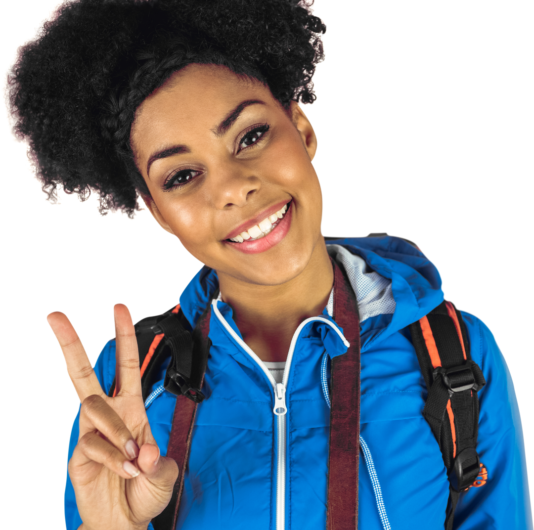 Portrait of Young Hiker in Blue Jacket Gesturing Transparent Peace Sign - Download Free Stock Images Pikwizard.com