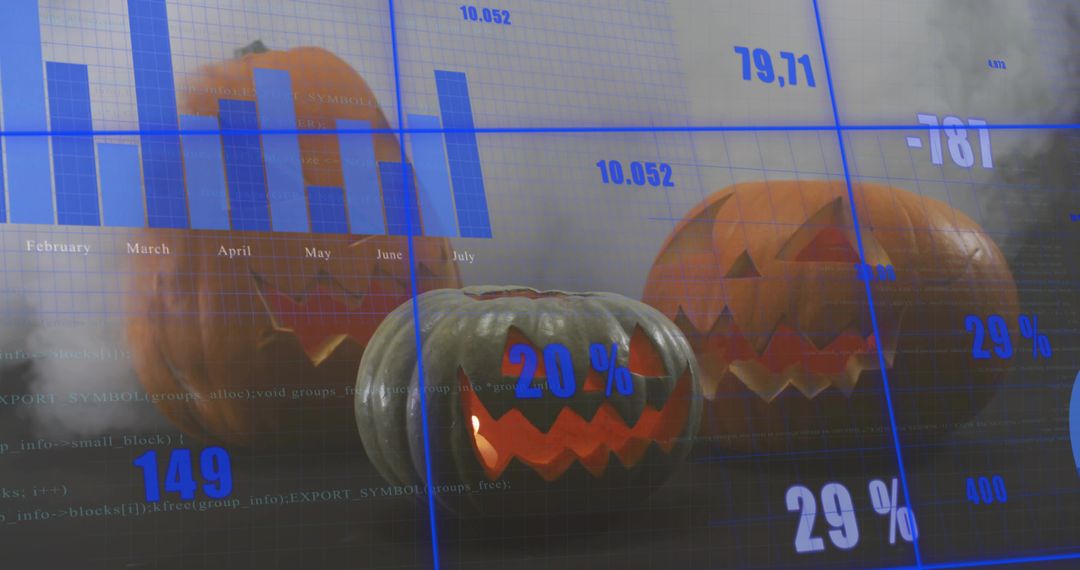 Glowing jack-o-lanterns projecting blue data overlays and bar charts with 20% label, smoky ambiance