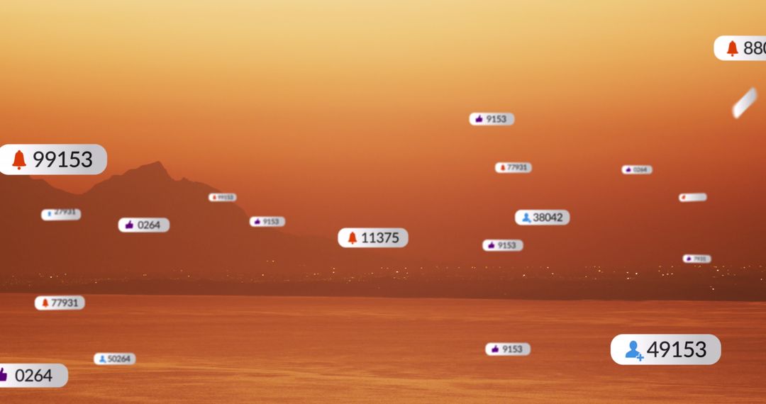 Social Media Icons Floating Over Tranquil Sunset Landscape
