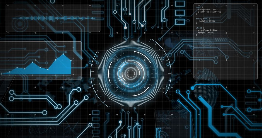 Futuristic Digital Interface with Circuitry and Data Analysis