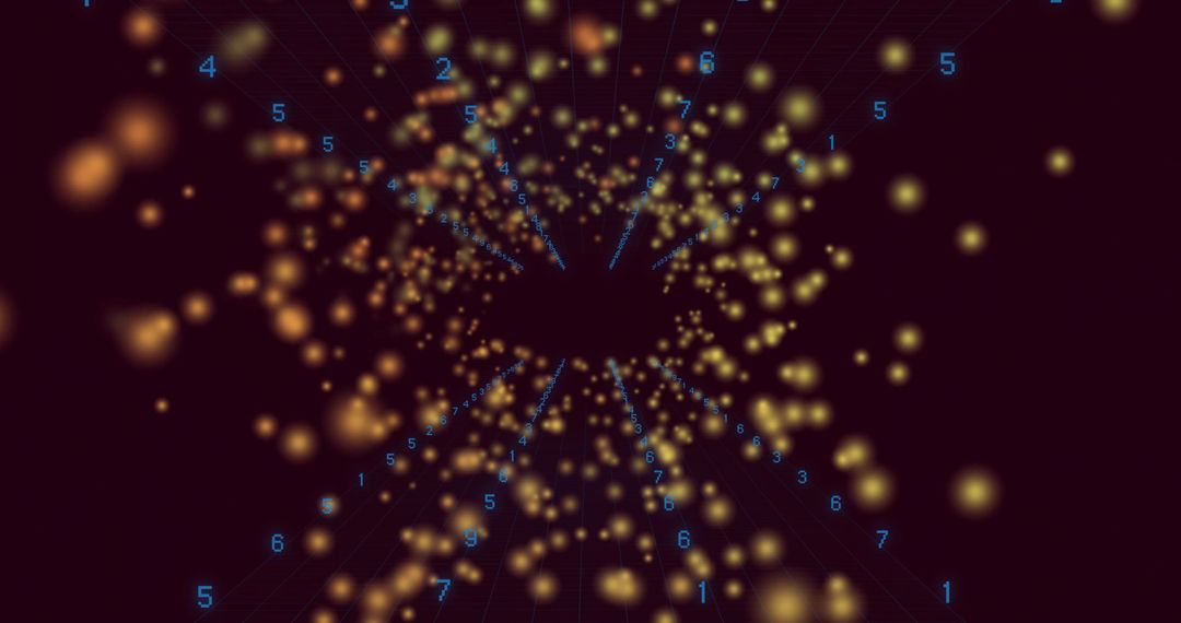 Spinning data vortex with glowing particles and blue numeric stream creating depth and motion