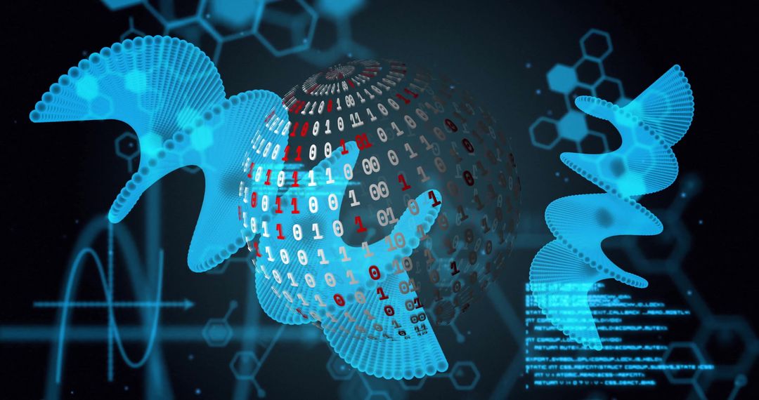 Futuristic Digital Sphere with Binary Code and Molecular Structures