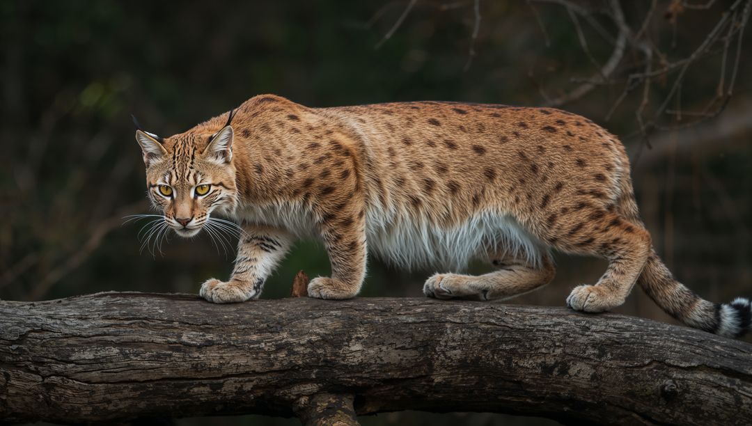 Lynx Stalking Along Mossy Log Showing Spotted Coat, Ear Tufts and Focused Gaze