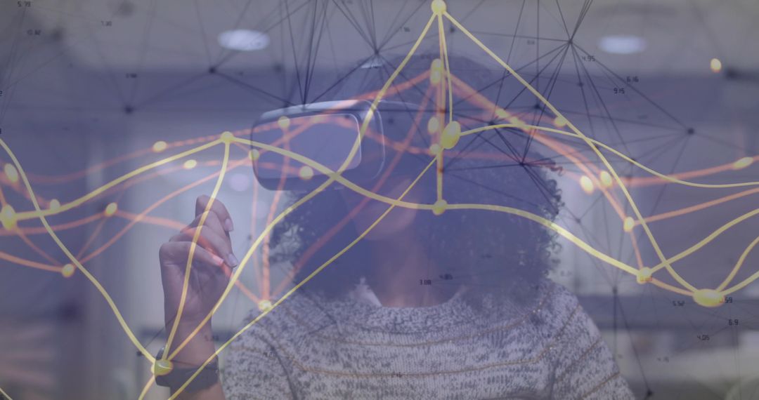 Woman Wearing VR Headset Interacting with Augmented Reality Data