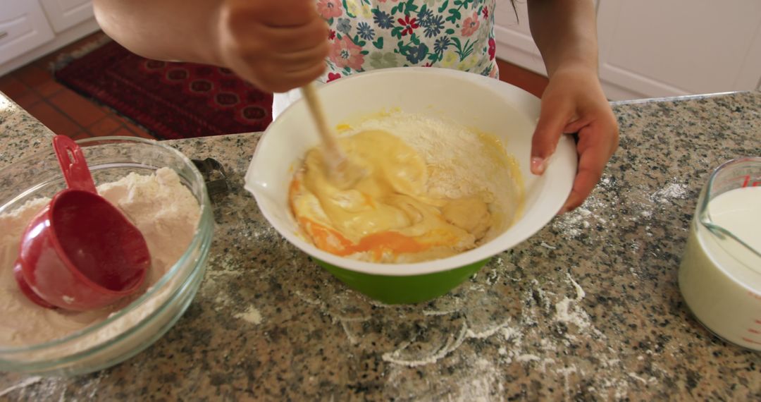 Little Girl Mixing Batter in Kitchen Preparing Homemade Cake - Free Images, Stock Photos and Pictures on Pikwizard.com