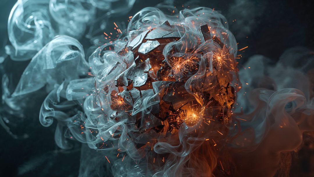 Fragmenting Metallic Sphere Emitting Sparks and Smoke