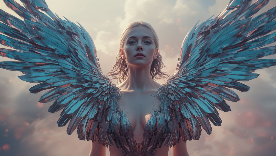 Ethereal Female with Metal Wings and Armor in Cloudscape