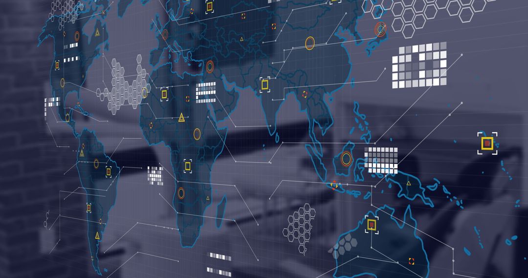 Digital World Map Overlay with Financial Data in Office