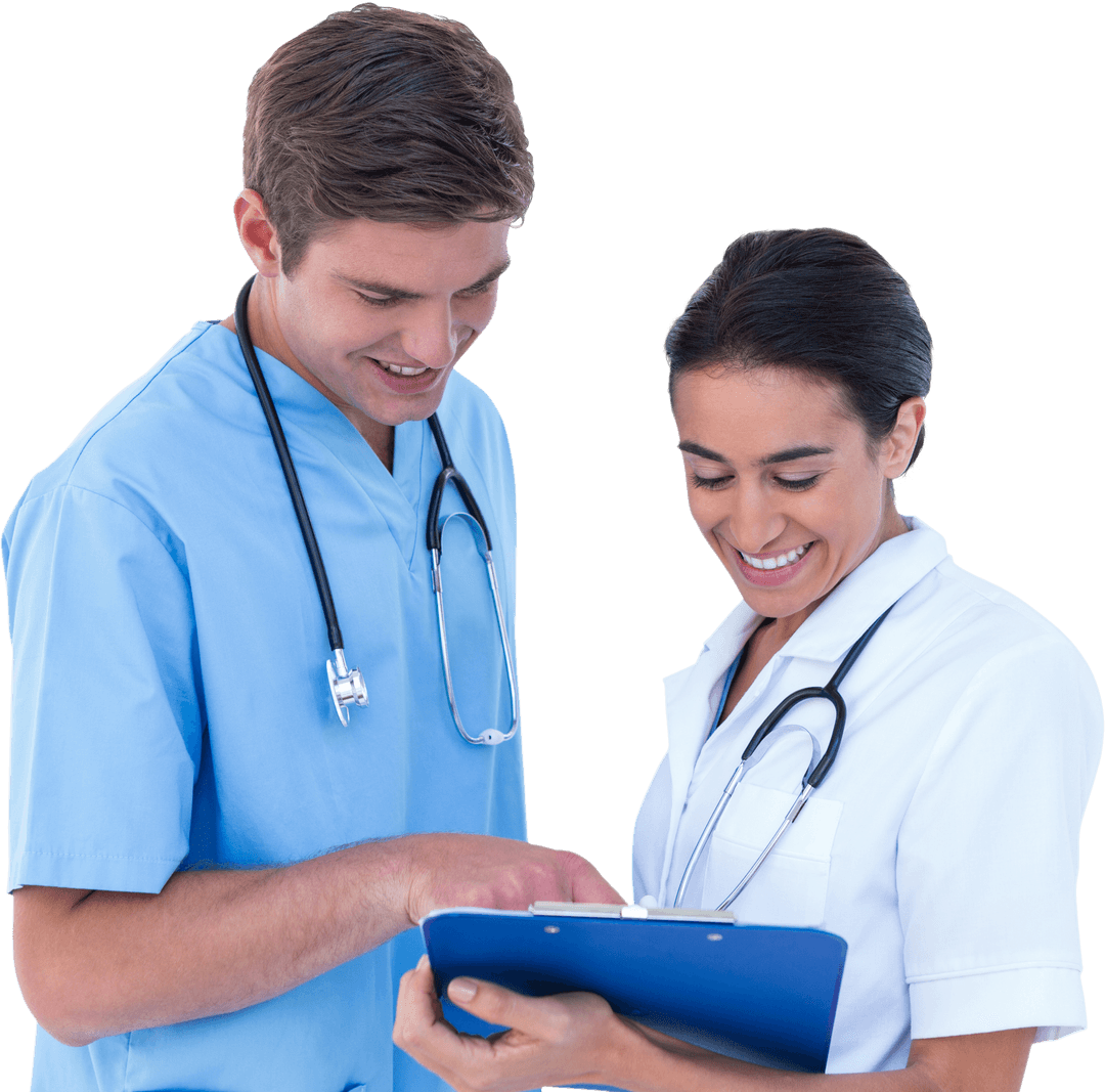 Two Smiling Doctors Discussing Patient Care on Transparent Background