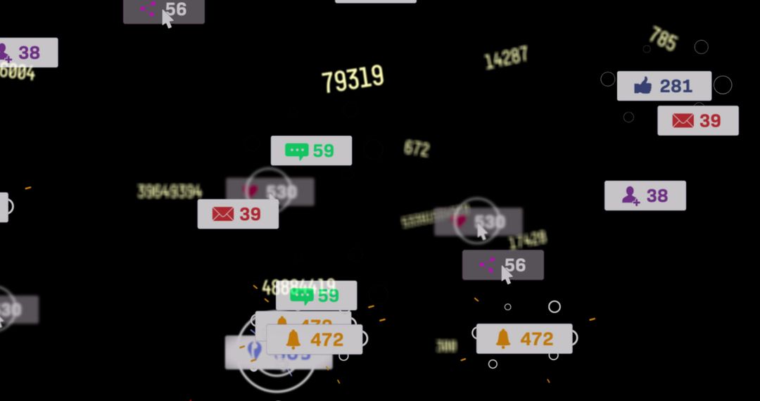 Floating Social Media Icons and Numeric Data on Black Background