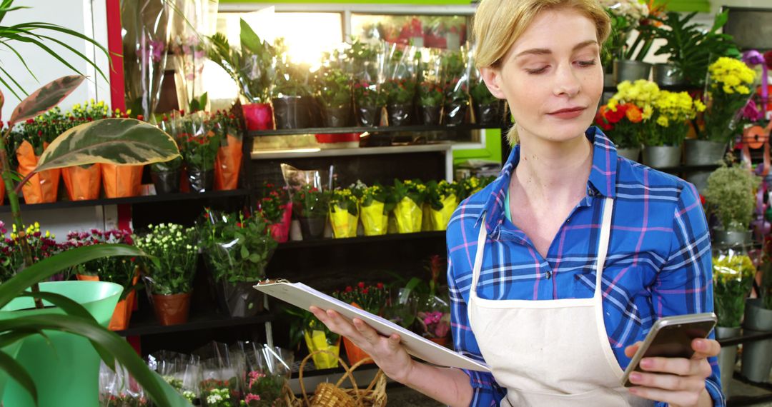 Female Florist Managing Flower Shop with Smartphone and Clipboard - Free Images, Stock Photos and Pictures on Pikwizard.com