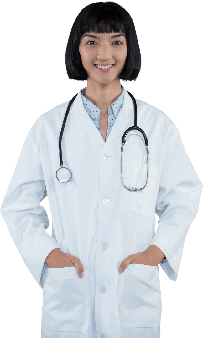 Transparent Doctor Smiling in Lab Coat with Hands in Pockets