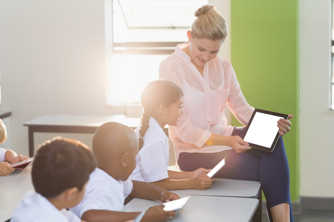 Transparent School Classroom with Teacher and Kids Using Tablets - Download Free Stock Images Pikwizard.com