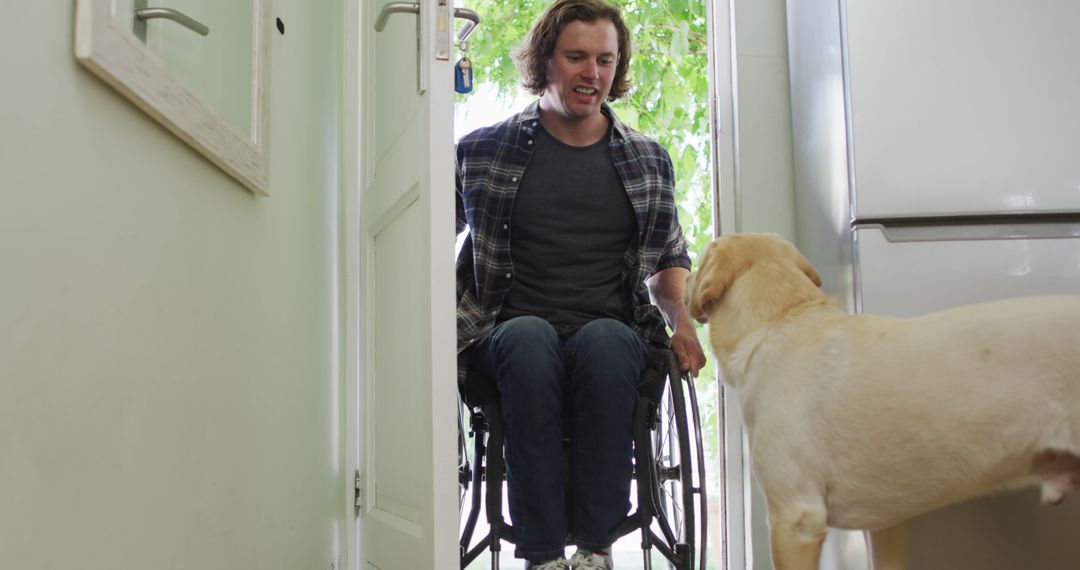 Man in Wheelchair Entering Home with Friendly Dog