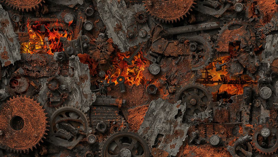 Rusty Gears and Molten Fire in Industrial Artwork