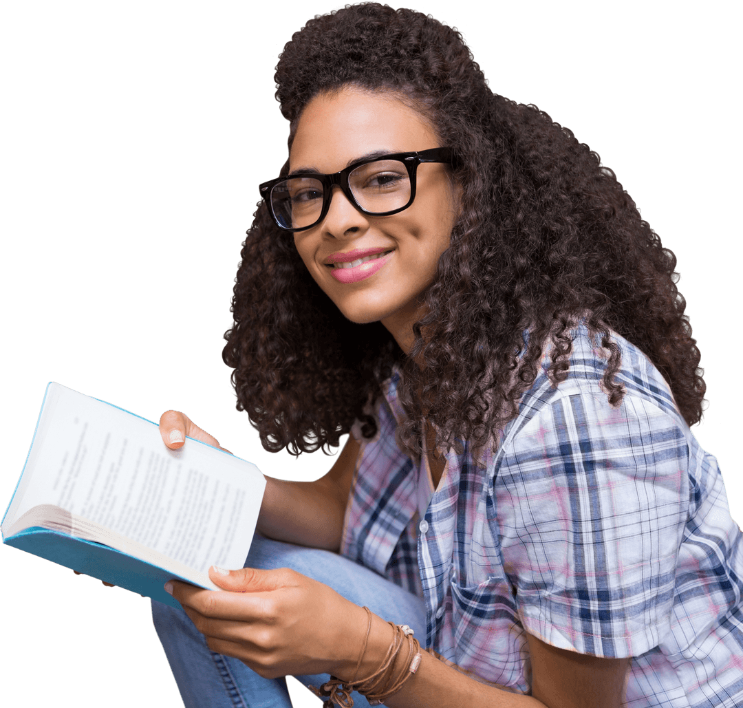 Confident Student Reading Book with Transparent Background