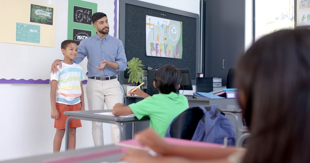 Teacher Praising Student for Achievement in Classroom Setting