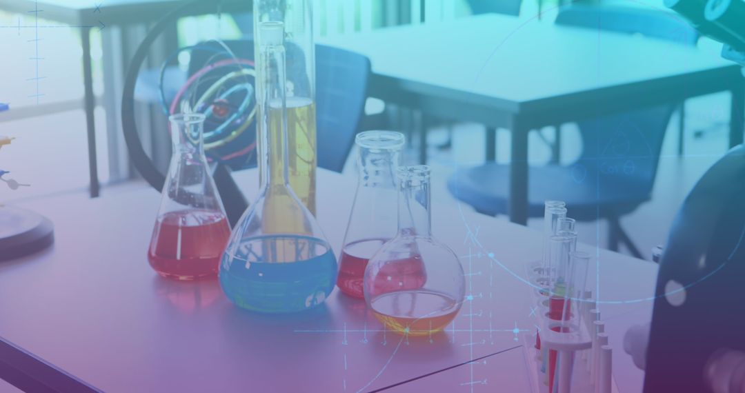 Academic Science Lab with Beakers and Equations Overlay