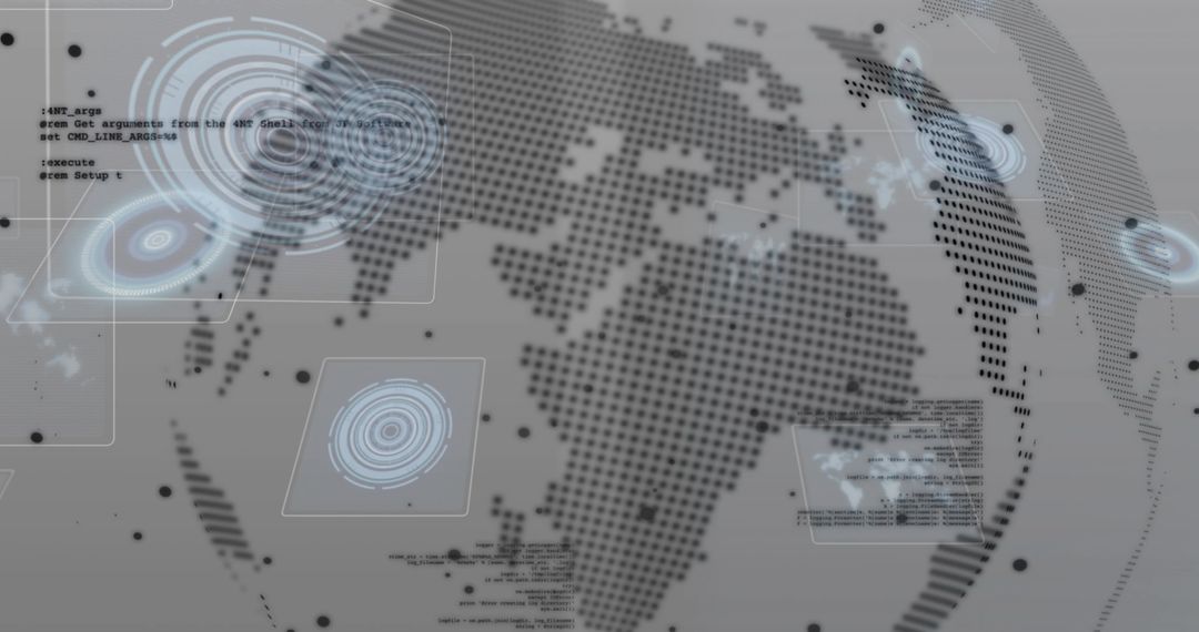 Rotating Dot-Matrix Globe HUD with Futuristic Data Panels and Cyan Target Rings