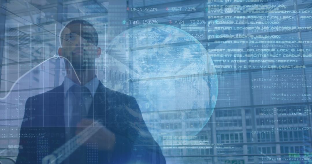 Businessman in Suit Analyzing Global Financial Data Trends