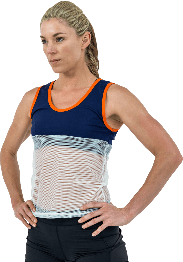Confident Female Athlete in Sleeveless Transparent Mesh Jersey