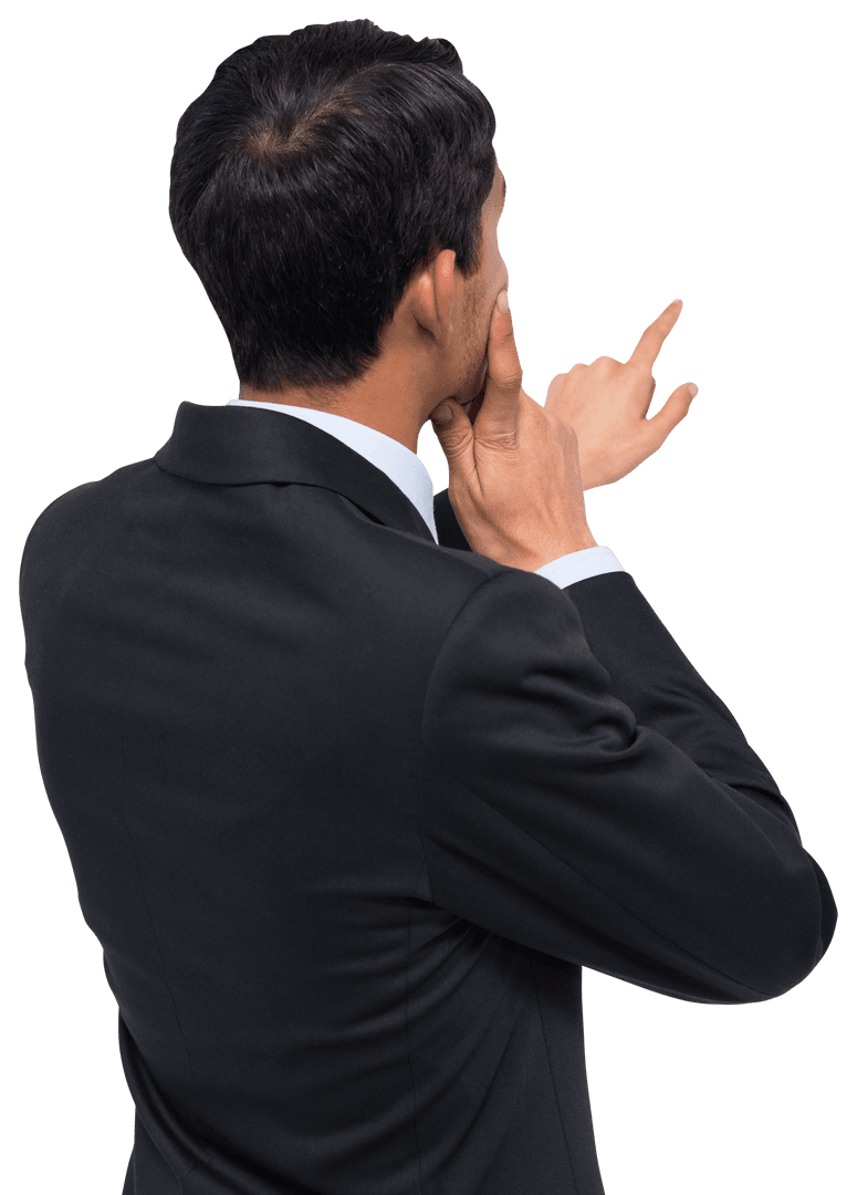 Thinking Biracial Businessman Pointing on Transparent Background