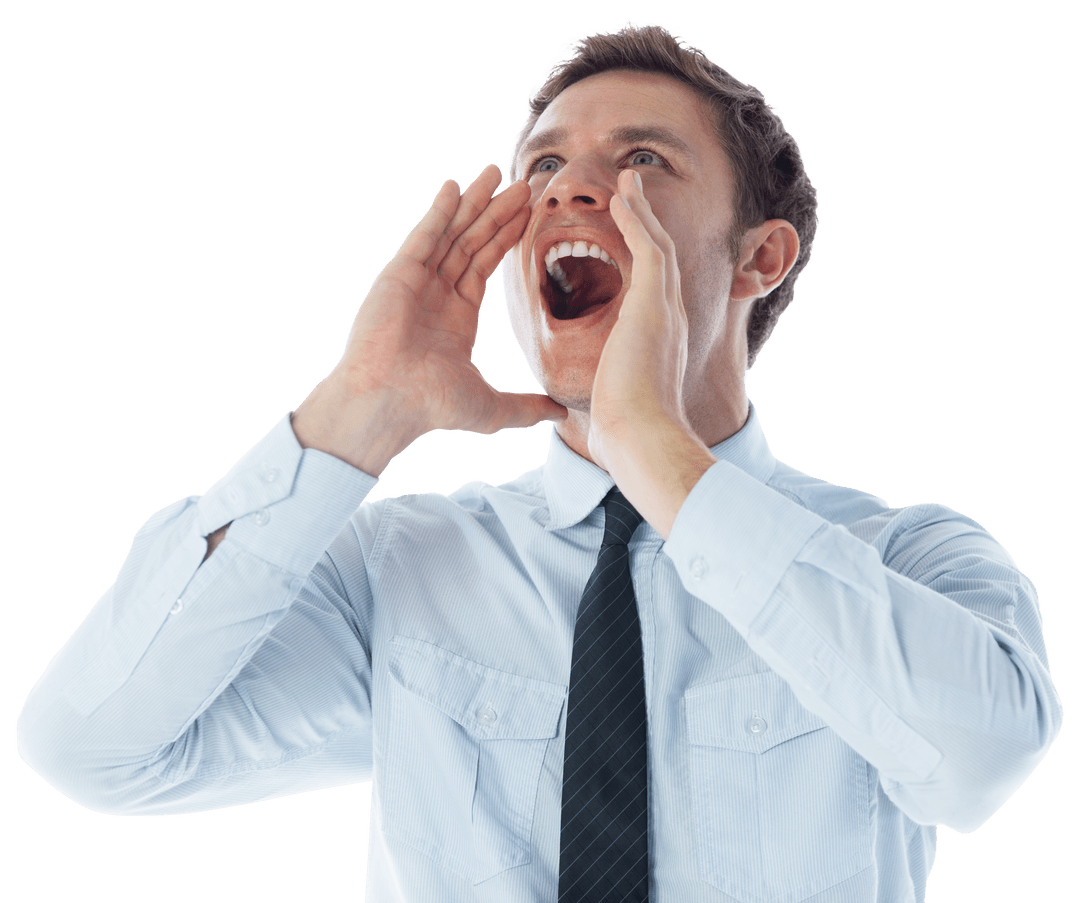 Caucasian Businessman Calling Out on Transparent Background