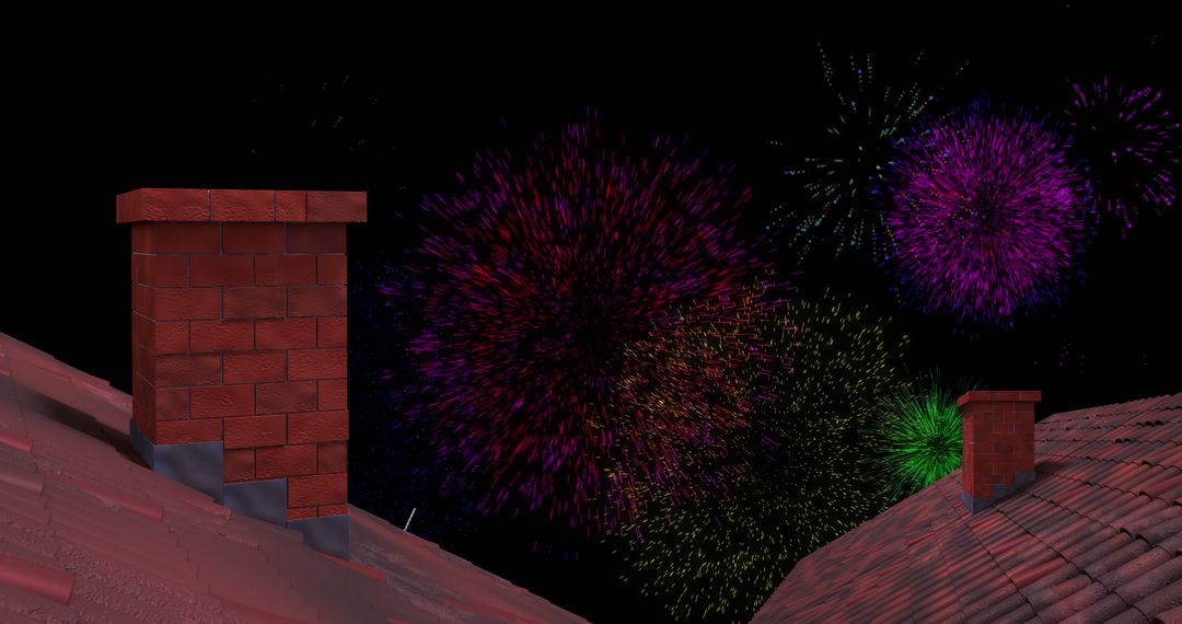 Vibrant Fireworks Display Over City Rooftops at Night