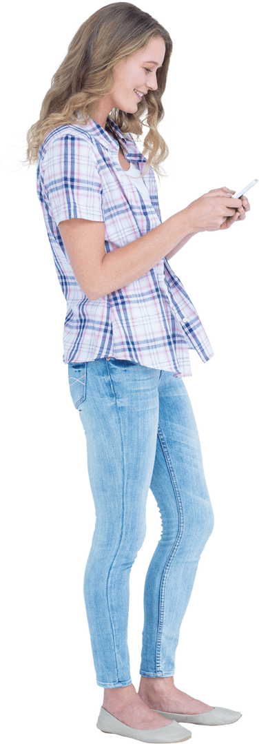Transparent View of Young Woman Texting on Smartphone in Casual Attire
