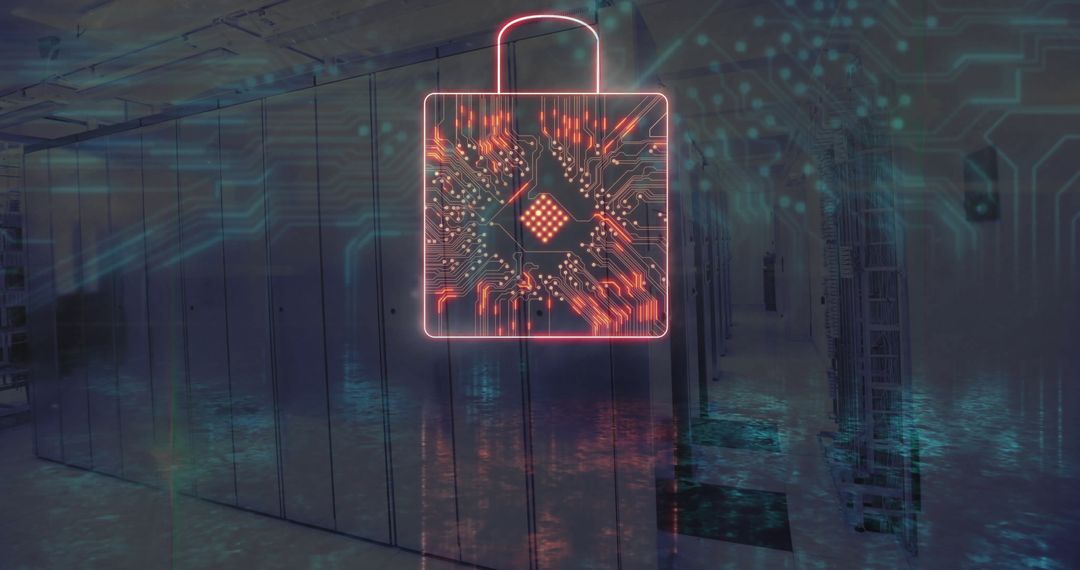 Futuristic Data Security Illustrated with Digital Lock Icon in Data Center