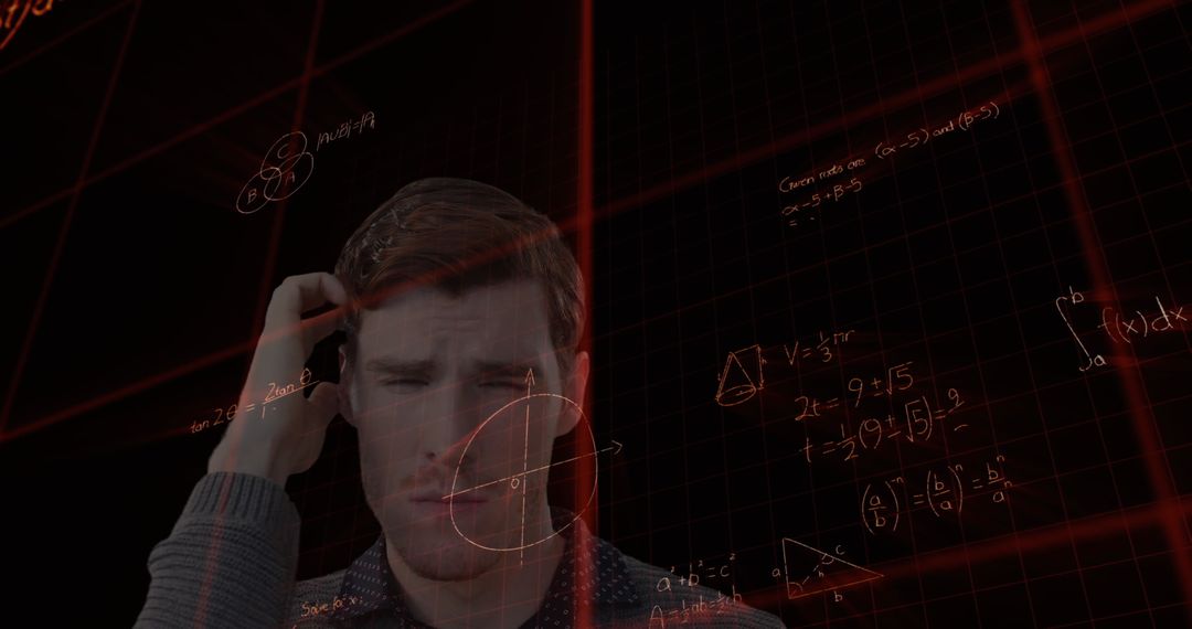 Confused Man Contemplating Math Equations on Virtual Screen
