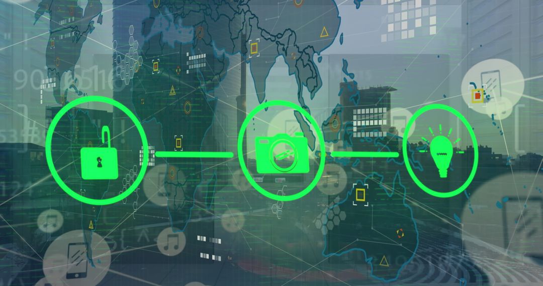 Digital Security Interface with Global Network Icons on World Map