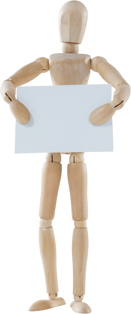 Wooden Figurine Holding Blank Placard on Transparent Background