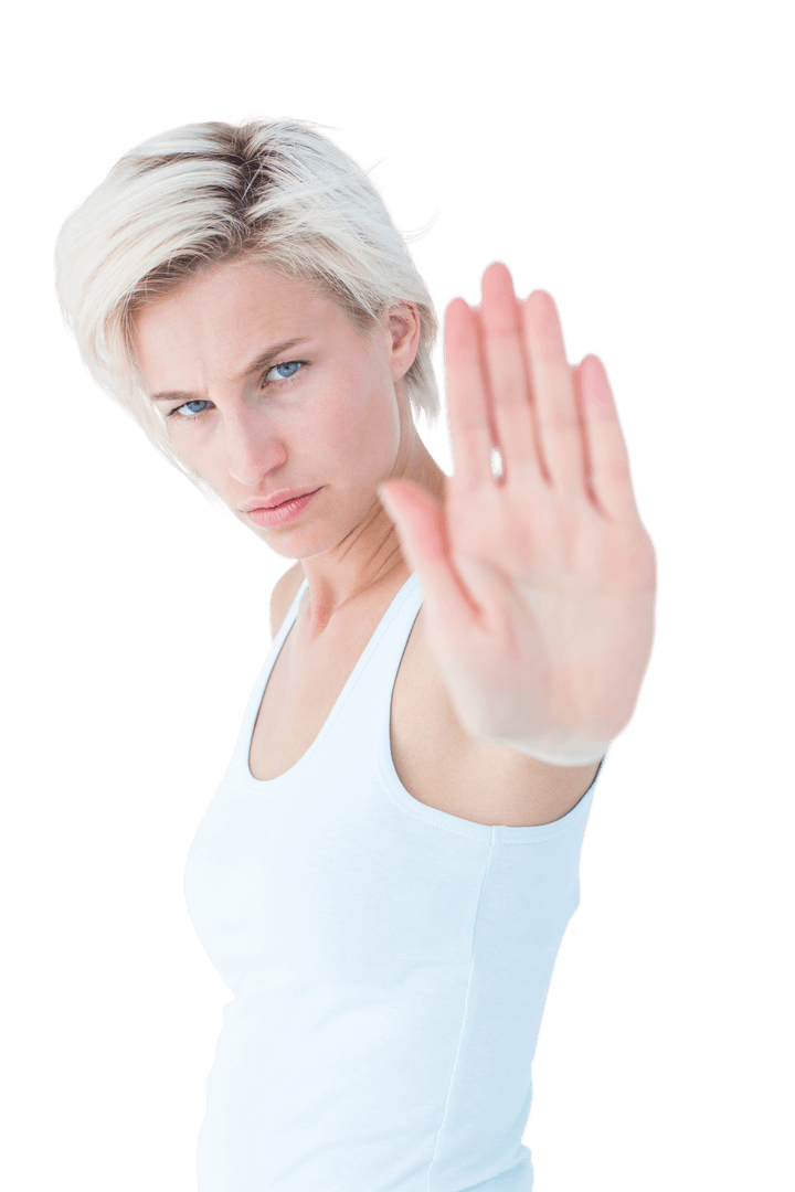 Blonde Woman Showing Stop Gesture on Transparent Background