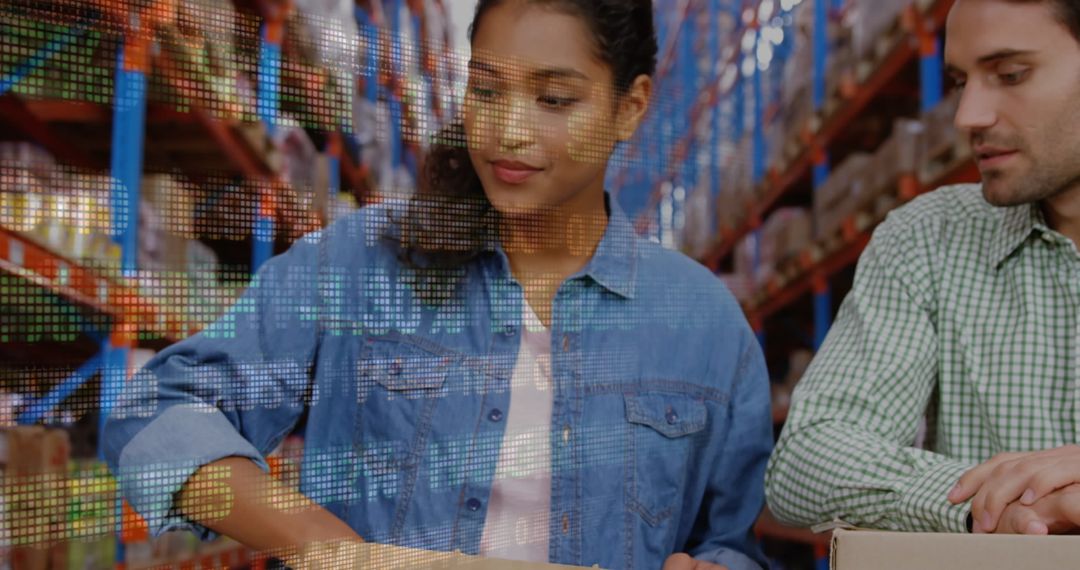 Warehouse Workers Handling Packages with Digital Overlay