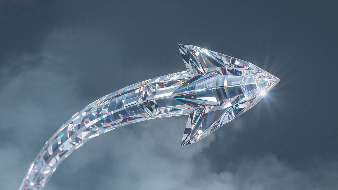 Futuristic crystal curved arrow ascending through a cloudy sky