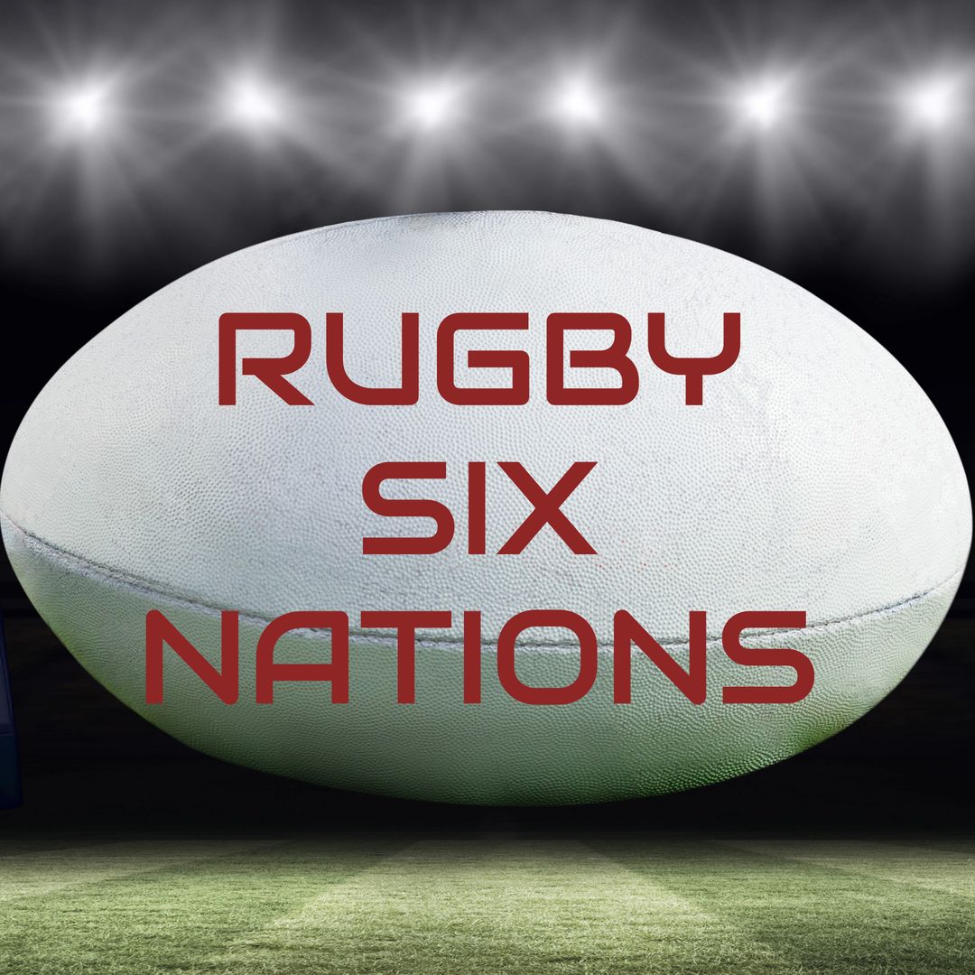 Rugby Six Nations Text on White Rugby Ball under Illuminated Floodlights - Download Free Stock Templates Pikwizard.com