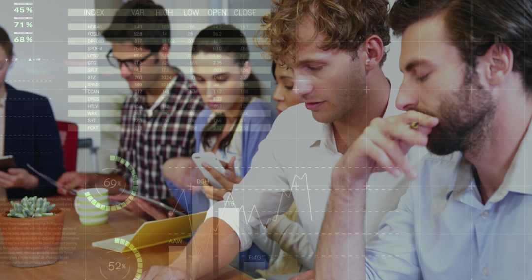 Diverse Team Analyzing Financial Data with Digital Projection