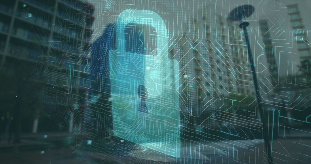 Digital Security Padlock Overlaying Futuristic Cityscape