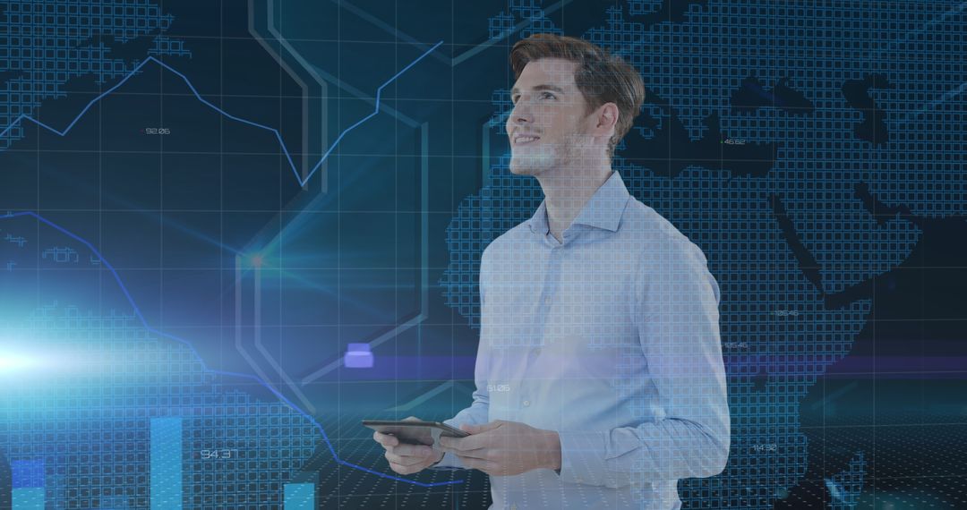 Businessman Using Tablet with Futuristic Digital Graphics