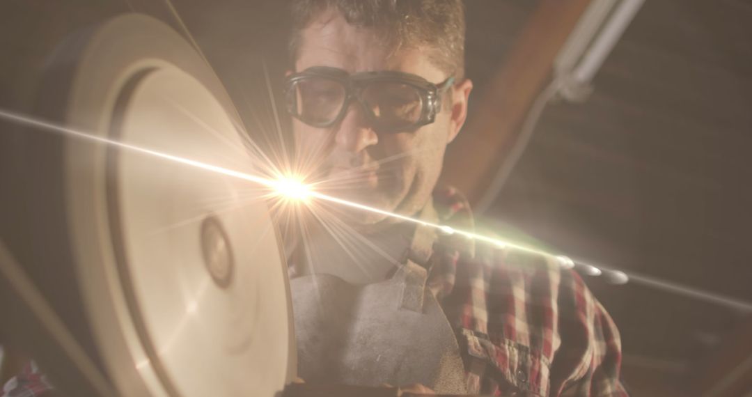 Caucasian Man Working with Grinding Wheel in Workshop