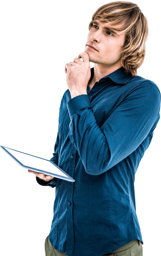 Thoughtful Hipster Businessman Holding Tablet Transparent Background