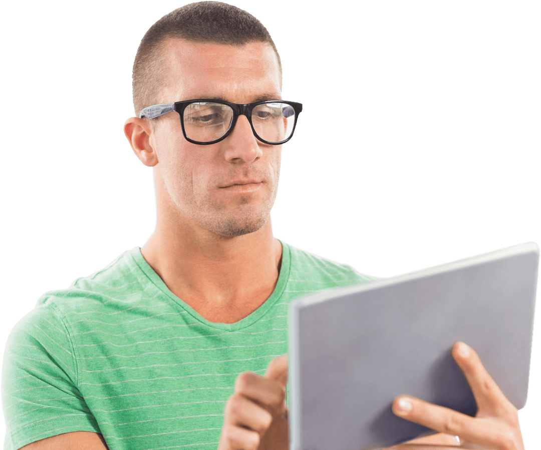 Focused Man with Glasses Using Tablet Transparent Background